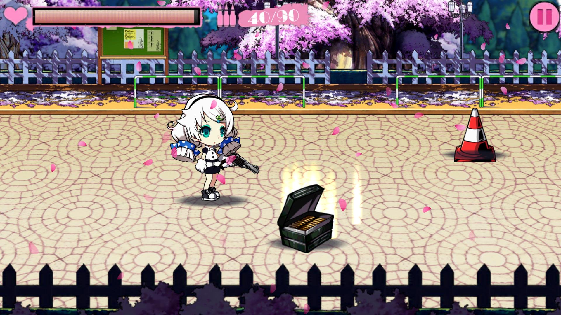 In-game side-scrolling action in a cherry blossom courtyard